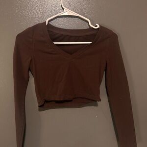 Classic Brown V-Neck Long Sleeve Crop Top